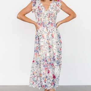 Baltic Born Florencia - Pink & Blue Smocked Midi Dress with Flutter Sleeves